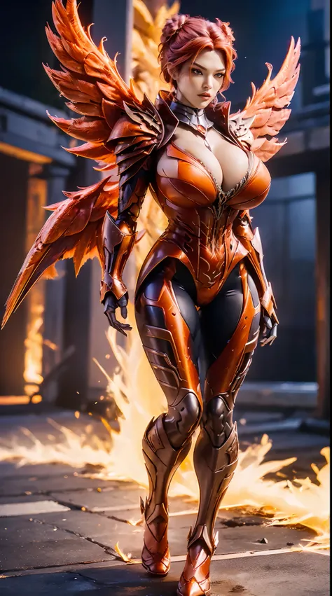 HUGE BOOBS, FIRE MECHA ARMOR FULL SUIT, (CLEAVAGE), (A PAIR LARGEST PHOENIX WINGS), TRANSPARANT, TALL LEGS, STANDING, SEXY BODY, MUSCLE ABS.
