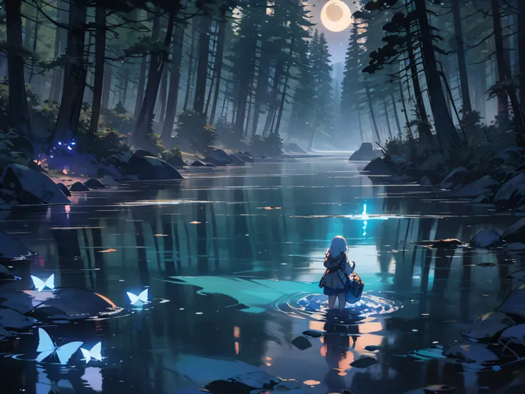 moonriver, night, multiple boys, nature, scenery, rock, multiple girls, fireflies, bug, water, tree, forest, outdoors, sky, bag, butterfly, moon