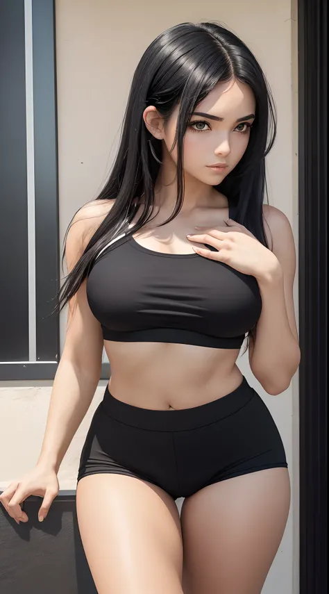 (8K, RAW photo, Best quality, Masterpiece:1.3),(Real,Photo:1.37),(Black hair),Pose,1girll,Very beautiful face,Medium chest,(The large),(Both hands are lowered))),Piggy hairstyle,Random expression,Erotic sports shorts ,Black hair,(age 22),modest,Five finger...