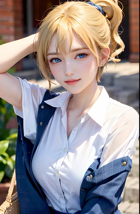 cleanness、wet​、(((gradients)))、Collared shirt、1girl in、NSFW、(((White Swedish blonde woman with blue eyes and short hair)))、(((a pixie cut)))、Bewitching smile、azure eyes、pose for photo、big eye、Beautiful blonde girl、gorgeous young model、beautiful female mode...