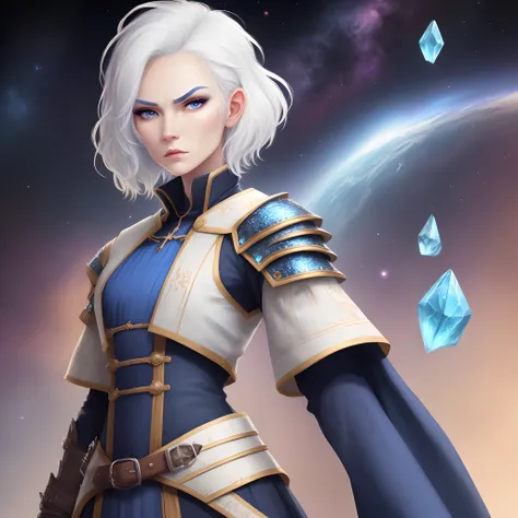 pronounced cheekbones, narrow long lips, wide jaws, wide large forehead, tousled white hair, short hair, androgynous, adult married woman, serious face, mysterious look, light eyebrows, skin with blue crystals, blue skin, long nose with a hump, small wrink...