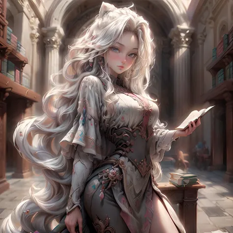 (Best quality,4K,8K,A high resolution,Masterpiece:1.2), Ultra-detailed, Realistic:1.37, sportrait, Laura, clear white skin, Beautiful detailed eyes, beautiful detailed lips, Flowing hair, Elegant appearance, Stand in front of the library, Holding a book, S...