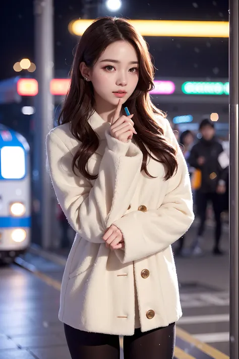 1womanl、in her early 20s、(A strong-willed super beauty)、(ultra beautiful faces)、putting makeup on、Wavy brown hair、Standing on the platform of a big city at night、Its snowing、The background is a fixed train、Shallow depth of field