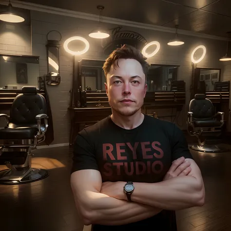 Generates a digital image of Elon Musk in a confident pose, with his arms crossed, wearing a black t-shirt with the inscription “REYES STUDIO” on the chest. The background of the scene must represent an authentic barbershop, with characteristic elements su...