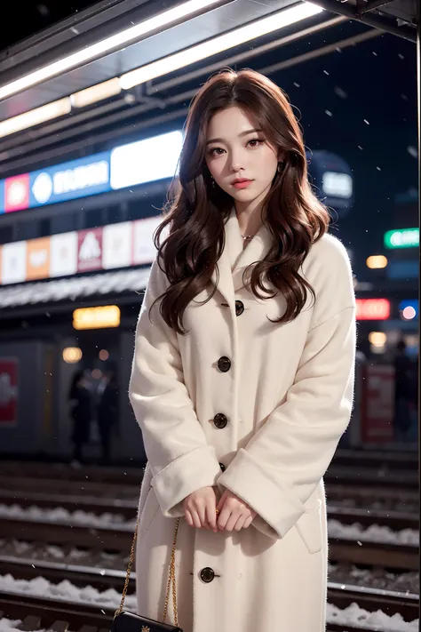 1womanl、in her early 20s、(A strong-willed super beauty)、(ultra beautiful faces)、putting makeup on、Wavy brown hair、Standing on the platform of a big city at night、Its snowing、The background is a fixed train、Shallow depth of field