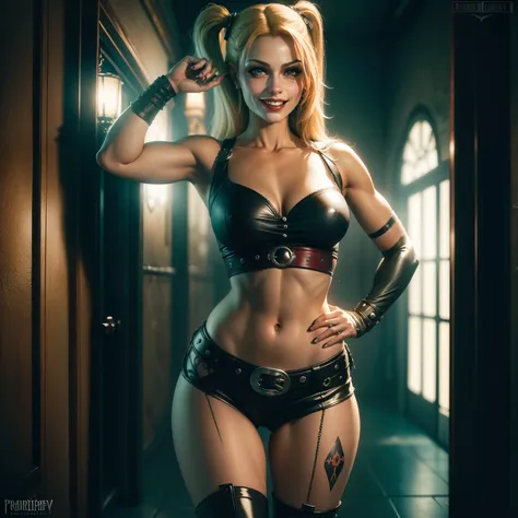 Harley Rainha, prisioneira, Arkham, bunda grande, peitos grandes, pernas grossas, interrogada, sorriso malicioso, sentada no