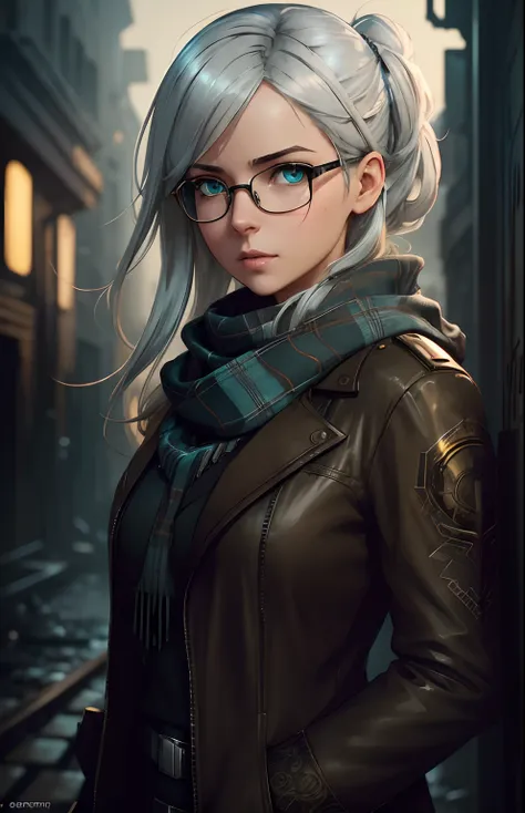 (dark shot:1.1), cute , portrait of halo, wear glasses, blue eyes, tartan scarf, white hair by atey ghailan, by greg rutkowski, by greg tocchini, by james gilleard, by joe fenton, by kaethe butcher, gradient yellow, black, brown and magenta color scheme, g...