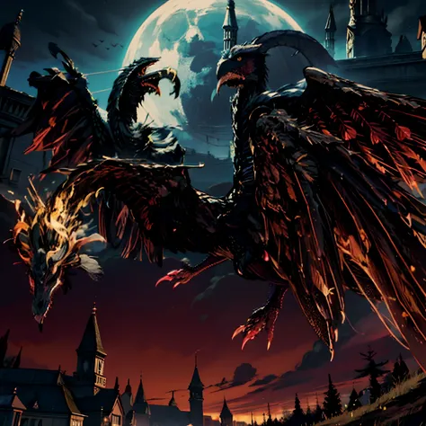 There is a big bird that is flying in the sky, ARTORIAS, Chefe de Dark Souls, no estilo de dark souls 3, Minion como um chefe de Darksouls, com asas. ultra-detalhado, asas de penas escuras, Esquema de cores de Dark Souls, dragon flying in the background, m...