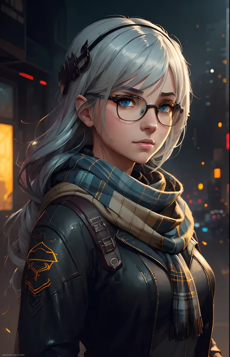 (dark shot:1.1), cute , portrait of halo, wear glasses, blue eyes, tartan scarf, white hair by atey ghailan, by greg rutkowski, by greg tocchini, by james gilleard, by joe fenton, by kaethe butcher, gradient yellow, black, brown and magenta color scheme, g...