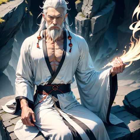 Ethereal Peak Cliffs（Taoist males age 80 meditate cross-legged：1.2）Long white beard  ,slender eyes, White samurai head   （wearing a Taoist robe：1.1）The muscles of the whole body are slender and long, Positive image holding a spell，