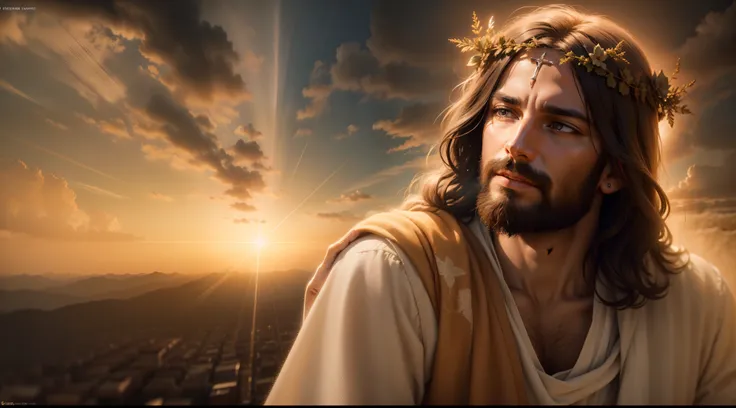 Nesta cena, Jesus is portrayed in heaven, irradiando divindade e serenidade. The atmosphere is ethereal, com suaves raios de luz iluminando os arredores. The composition is carefully framed, capturando Jesus no centro, surrounded by a paradisiacal setting....