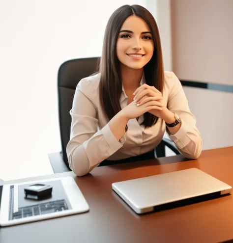 mulher sorridente sentada em uma mesa com um laptop e um caderno, woman in business suit, young business woman, sitting at desk, sentado em uma mesa, business woman, advogada, female in office dress, imagem profissional, sentado em uma mesa, sitting behind...