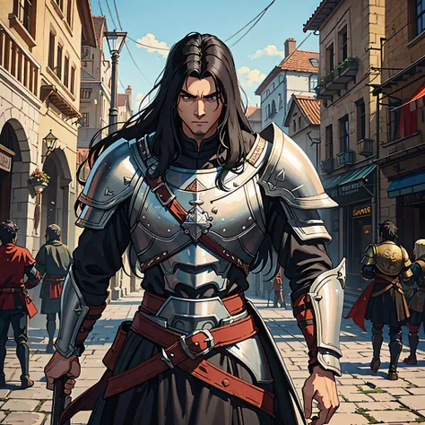 Strong male warrior, long black hair, iron armor, in a medieval city, sword stuck at the waist, render 8k --auto --s2