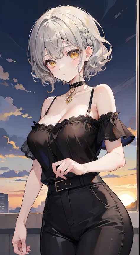 (top-quality、​masterpiece、high-level image quality、Super delicate)、((a beauty girl))、(smooth dull gray hair)、(curly short hair、Long bangs)、(Braided hair)Yellow eyes like a brilliant sunset、Black Choker、Moderately large breasts、Black shirt and pants