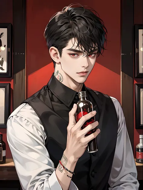 1boy,10 talents、(Mans :2) ,Handsome boy,A dark-haired、tattooed、(Upper body :1.5)、bottle、black shirt、mid night 、ink and watercolor painting、Chinese charactersa、dark ilumination、hightquality、masutepiece,8K,Bartender guy, fringe hairstyle, neck tattoo, barten...