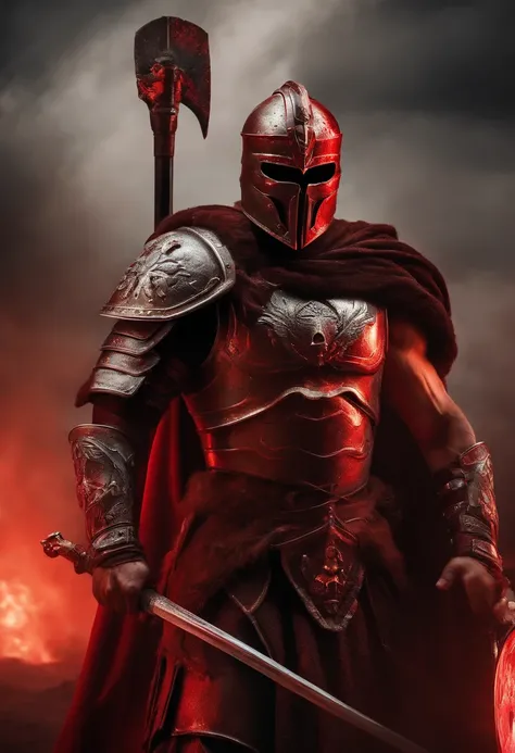 A Spartan warrior, red eyes, armor with spray painted skull on it, spear in hand, red aura, muscles