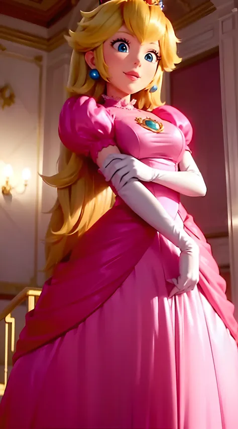 (inside a castle setting,)  a petite princess peach wearing a beautiful hot pink dress, she is gentle and compassionate and is s...