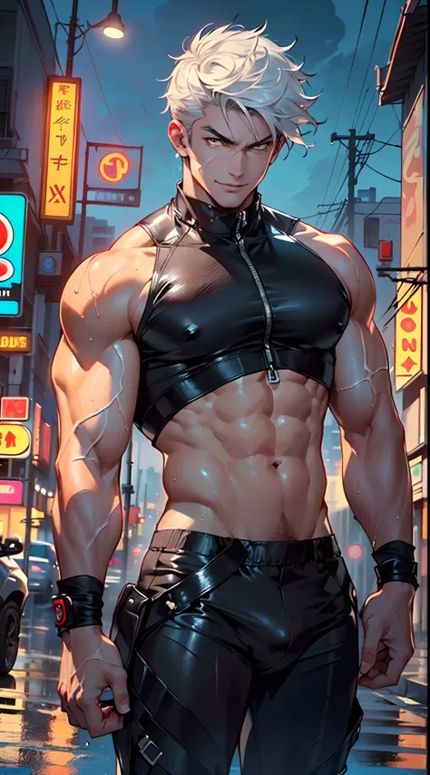 muscular man,(((1man))),((man muscular)),

(((1male,man:1.5,handsome man,male,male gender:1.5,male focus))),macho man,

((short white hair)),(((lustrous skin:1.5,tanned skin,bright skin: 1.5,skin tanned,shiny skin,very shiny skin,shiny body,illuminated ski...