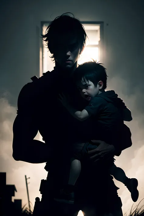 ultra-realistic, dynamic poses, silhouette of a man holding his son in a fight for survival, dark and gloomy zombie apocalypse, survival and fear