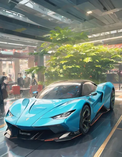 There is a car charging at a charging station with a charger，depicted as a 3D rendering，cg arte，photorender，Carregamento pela cidade，Angled rendering A blue car with black wheels is shown on a gray surface, carro conceito futurista, conceito de carro futur...