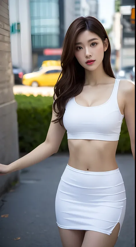 ((Realistic lighting, Best quality, 8K, Masterpiece: 1.3)), Light focus: 1.2, 1girl, Perfect figure: 1.4, Slim Abs: 1.1, ((Dark brown hair)), (White crop top: 1.4), (Outdoor, Night: 1.1), City streets, Super thin face, Thin eyes, Double eyelids, Full fitne...