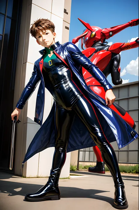 shin evangelion，shinji 、tight combat suit，blue latex coat,latex shiny，full body photo