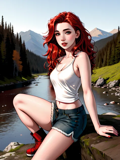 photorealistic, best quality, hyper detailed, beautiful woman, (pale skin) full body, solo, wearing tank top (long shorts) and boots, outdoors, (night), mountains, real life nature, daytime, sunny (cheerful, happy), forest, rocks, river, clear sky, analog ...