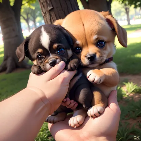 4k, fotografia de um filhote de cachorro fofo, so small it fits on the human thumb, o cachorrinho, tem os olhos azuis. They are in the park.