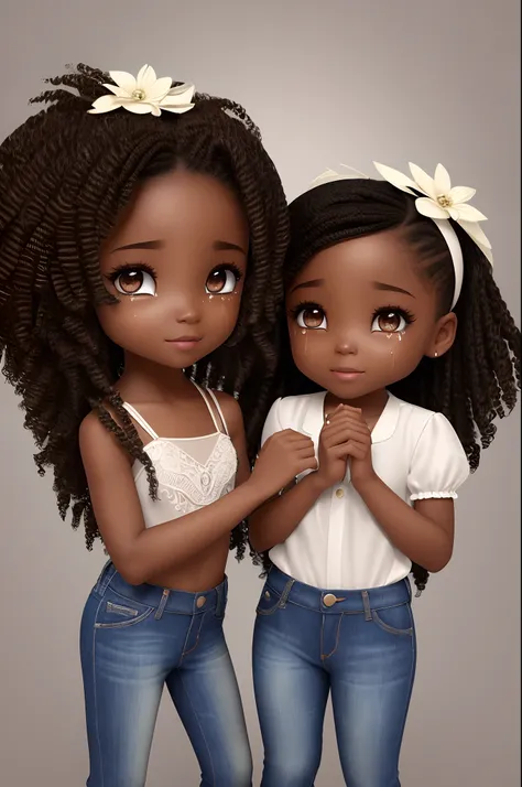 chibi Twins african children dark brown skin:5, (full body), (((crying, terrified fear))), hands in hair, dando tchau, realistic shadows, olhos cintilantes, detailed skin, slightly sparkling black eyes, long curly black hair, rapunzel style, very detailed,...