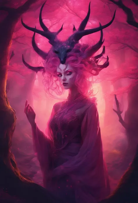 (a pink-haired demon woman,spells:1.1,glowing:1.1)(illustration)(best quality,ultra-detailed,realistic:1.37),demonic witch(demonic:1.1)(magic:1.1)(forest)(dark and mysterious,ominous atmosphere),casting powerful spells,creating magical energy(magic:1.1),vi...