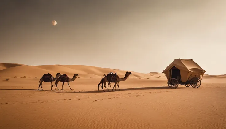 The art of horror drama, Alien universe，Barren desert，Luxury architecture in the distance，Camel caravan