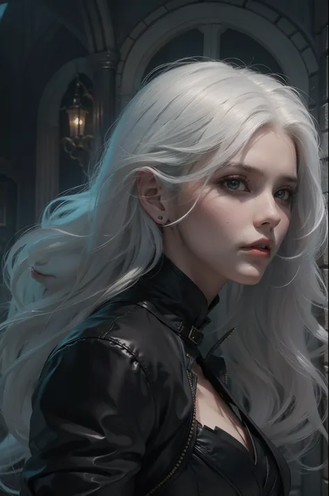 Mulher que lembra a Ciri de The Wicther, com longos cabelos brancos e olhos azuis brilhantes, shes wearing a black suit, seus cabelos chicoteando seu rosto com o vento, ao fundo uma cena com o castelo do  Dracula ao fundo