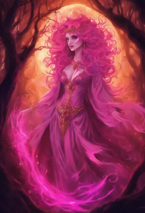 (a pink-haired demon woman,spells:1.1,glowing:1.1)(illustration)(best quality,ultra-detailed,realistic:1.37),demonic witch(demonic:1.1)(magic:1.1)(forest)(dark and mysterious,ominous atmosphere),casting powerful spells,creating magical energy(magic:1.1),vi...