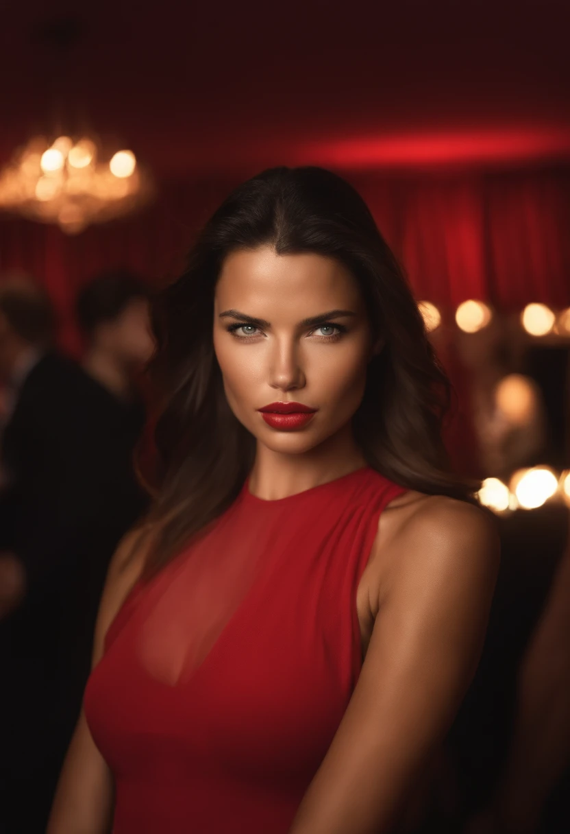 adriana lima posing in a club, best quality, 1 girl, blur background, beautiful detail sky, wearing a tight beautiful red dress, brown hair and large eyes, selfie of a young woman, bedroom eyes, violet myers, without makeup, natural makeup, looking directl...