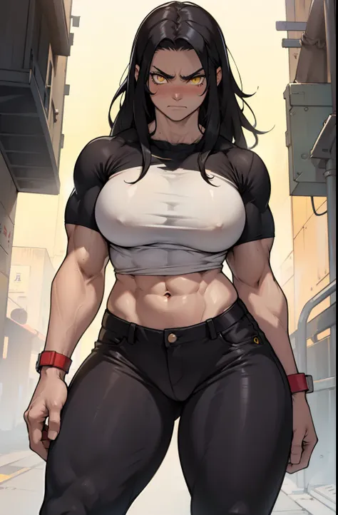 (1 girl), extremely long hair, solo, ((muscular)), veins, black hair, yellow eyes, blushing, thick thighs, pale skin, strong, veins, abs, big thighs, huge breasts, navel, standing, angry, tight pants, tight shirt