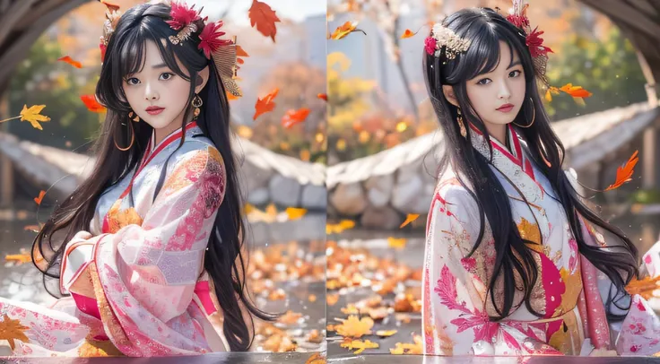 32K autumn views（tmasterpiece，k hd，hyper HD，32K）Long flowing black hair，ponds，zydink， a color， Autumn （Sexy girl nipple）， （Blue and white silk scarf）， Combat posture， looking at the ground， long whitr hair， Floating hair， Carp pattern headdress， Chinese lo...