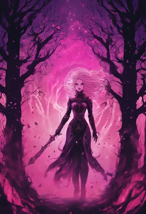 (a pink-haired demon woman,spells:1.1,glowing:1.1)(illustration)(best quality,ultra-detailed,realistic:1.37),demonic witch(demonic:1.1)(magic:1.1)(forest)(dark and mysterious,ominous atmosphere),casting powerful spells,creating magical energy(magic:1.1),vi...