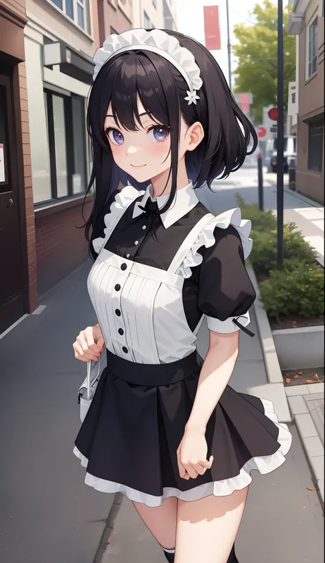 1girl in、AS-Adult、A smile、The shirt、skirt by the、（small tits）、doress、pinafore、Hair decoration、（Maid costume）、Walking with a thigh、Upper body portrait、