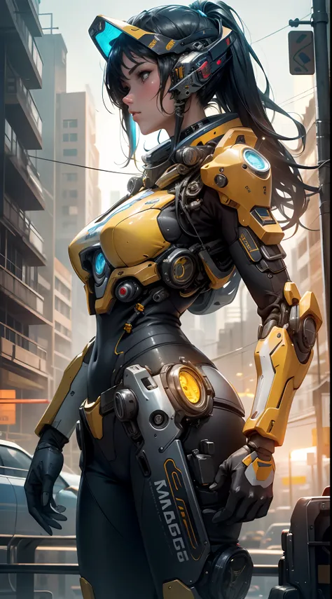 Hermosa mujer, best quality,masterpiece,realistic,sky,night,1man, yellow mecha_robot,relic scenes,cyberpunk,school of fish,(neon lights:0.7),rim lighting,transformers style,fondo azul:1.4,motor irreal:1.4,UHD,La mejor calidad:1.4, fotorrealista:1.4, textur...