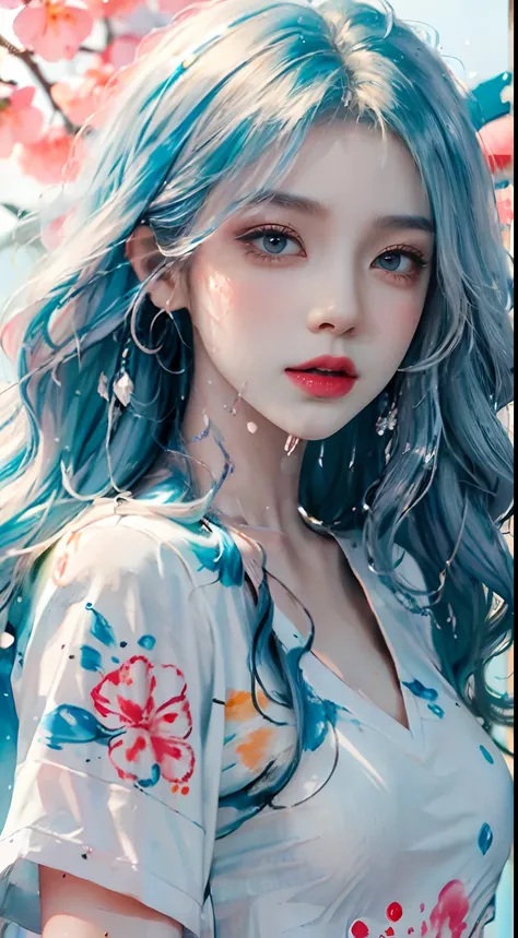 (Masterpiece, Best Quality, High Resolution), White Background, Acrylic Paint, ((Color Splash, Splash of Ink, Color Splash)), Sweet Chinese Girl, Long Light Blue Hair, [Light Blue|Pink] Hair, Curly Hair, Glitter, Peach Lips, White Shirt, Front, Upper Body