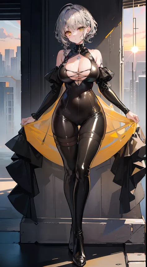 (top-quality、​masterpiece、high-level image quality、Super delicate)、((a beauty girl))、(smooth dull gray hair)、(curly short hair、Long bangs)、(Braided hair)Yellow eyes like a brilliant sunset、Black Choker、Moderately large breasts、((Black Full Body Rubber Suit...