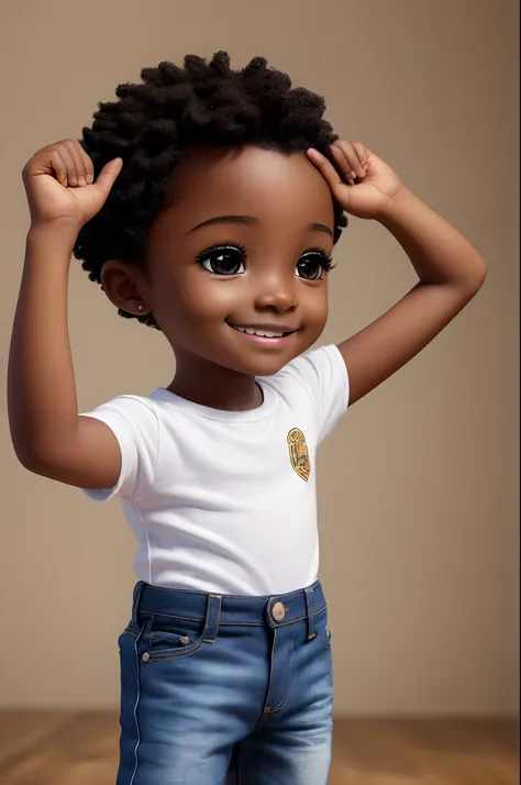 1small African boy dark brown skin:5, (full body), (((happy and bouncy))), hands in hair, waving goodbye, realistic shadows, sparkling eyes, detailed skin, slightly shiny black eyes, black curly hair, style handsome boy, very detailed, highly detailed 8k f...