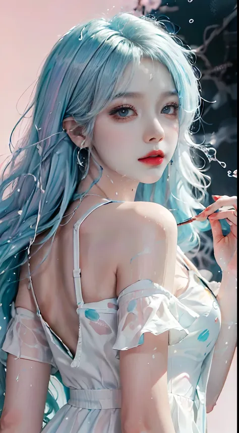 (Masterpiece, Best Quality, High Resolution), White Background, Acrylic Paint, ((Color Splash, Splash of Ink, Color Splash)), Sweet Chinese Girl, Long Light Blue Hair, [Light Blue|Pink] Hair, Curly Hair, Glitter, Peach Lips, White Shirt, Front, Upper Body