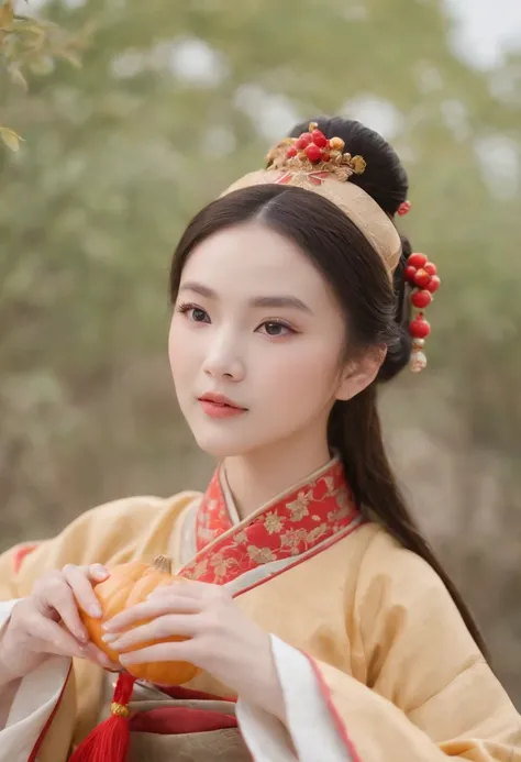 China-style，Tang Dynasty Maiden，Hanfu，Cute and cute，Take a bunch of sugar gourds，eery，The lively streets of Changan，Full body like，Detailed and accurate，depth of fields，8K,A high resolution,tmasterpiece,Beautiful wallpapers,high qulity,high detal,s the per...