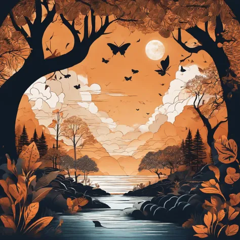 (best quality,4k,highres,masterpiece:1.2),ultra-detailed,realistic,hdr,dreamy orange and black pastel color palette,intricate paper art style illustration,forest,river running,colorful butterflies,dense foliage,vibrant flowers,towering trees,sunlight filte...