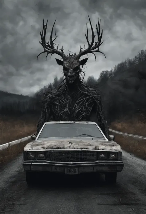 A monster with a deer-headed figure is in front of the car，bucktooth，deer antlers，On the highway，Inside the car，Roadside weeds grow