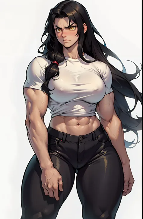 ((1 girl)), extremely long hair, solo, (((muscular))), veins, black hair, yellow eyes, blushing, thick thighs, pale skin, strong, veins, abs, big thighs, huge breasts, navel, standing, angry, tight pants, tight shirt