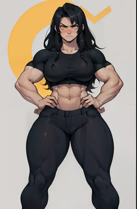 (1 girl), extremely long hair, solo, ((muscular)), veins, black hair, yellow eyes, blushing, thick thighs, pale skin, strong, veins, abs, big thighs, huge breasts, navel, standing, angry, tight pants, tight shirt