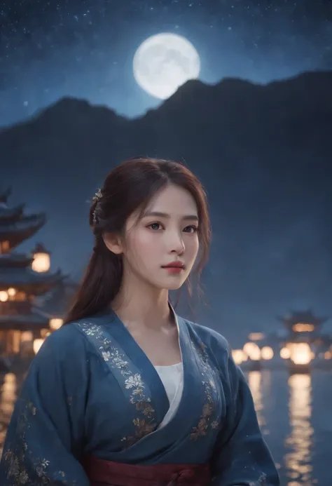 A highly concentrated beauty wearing a Jiang Tian Xingyue painting, concept art inspired by Tosa Mitsuoki, Pixiv competition winner, Best quality, Fantasy art, beautiful anime scenes, A bright moon, Starry sky environment in moonlight, Dream painting, Anim...