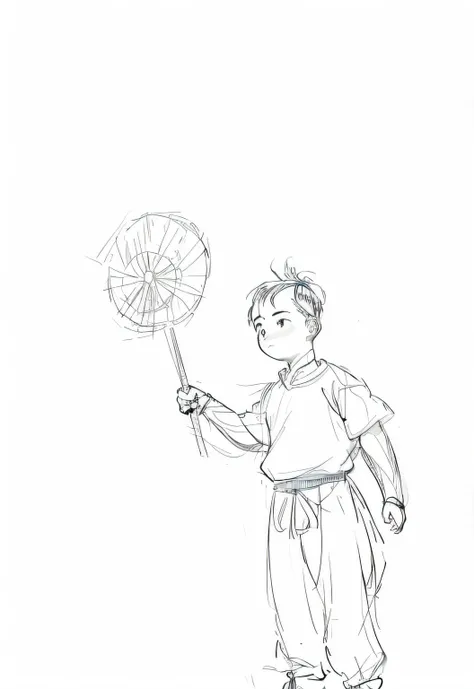 Painting of a boy holding a windmill and a stick, inspired by Fan Qi, concept sketches, old sketch, inspired by Fan Kuan, unrealistic character concept, [ conceptual art ]!!, torchan. Sketch, concept art of single boy, concept art sketch, Inspired by Gong ...